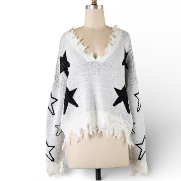 Miracle Sweaters - Miracle Black White Star print V Neck Long Sleeve Knit Sweater